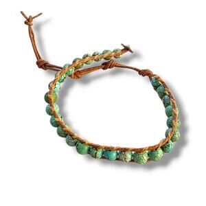 Lizou Semi Precious Turquise Beaded Leather Wrap Bracelet Adj. 7” 8” 9” Tan